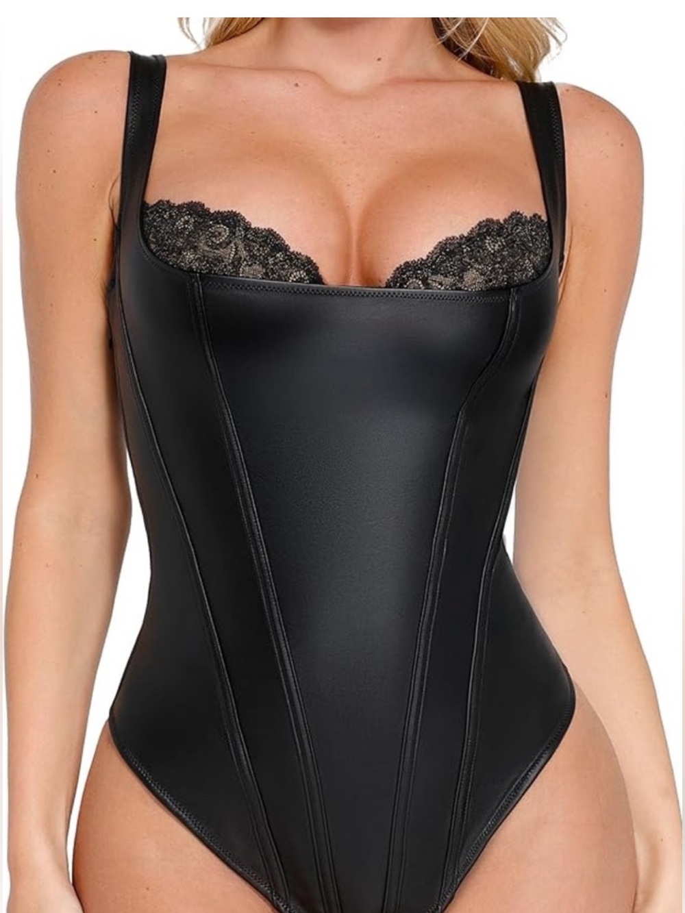 New NWT Popilush Leather bodysuit body contouring faux black leather sz L - Picture 2 of 10